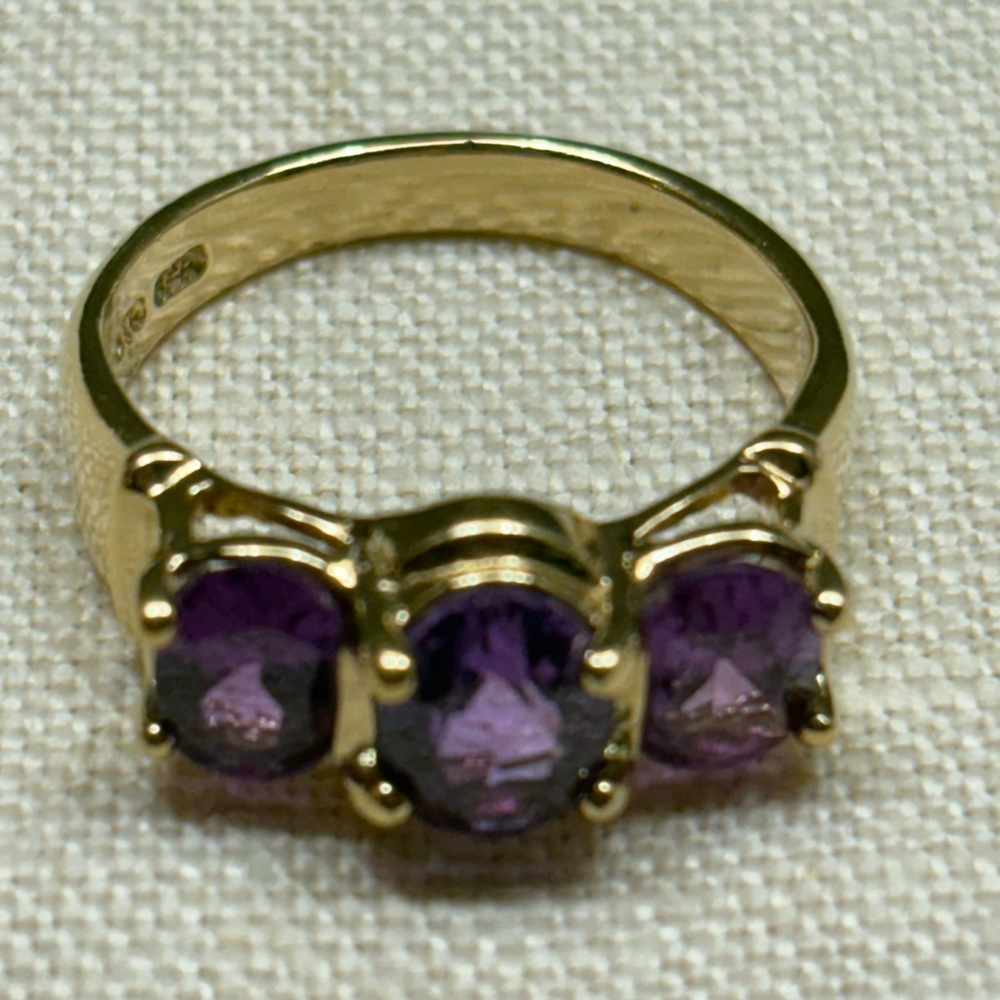Gold Over Sterling Elegant Three Stone Amethyst Simulant Statement Ring - Picture 7 of 8